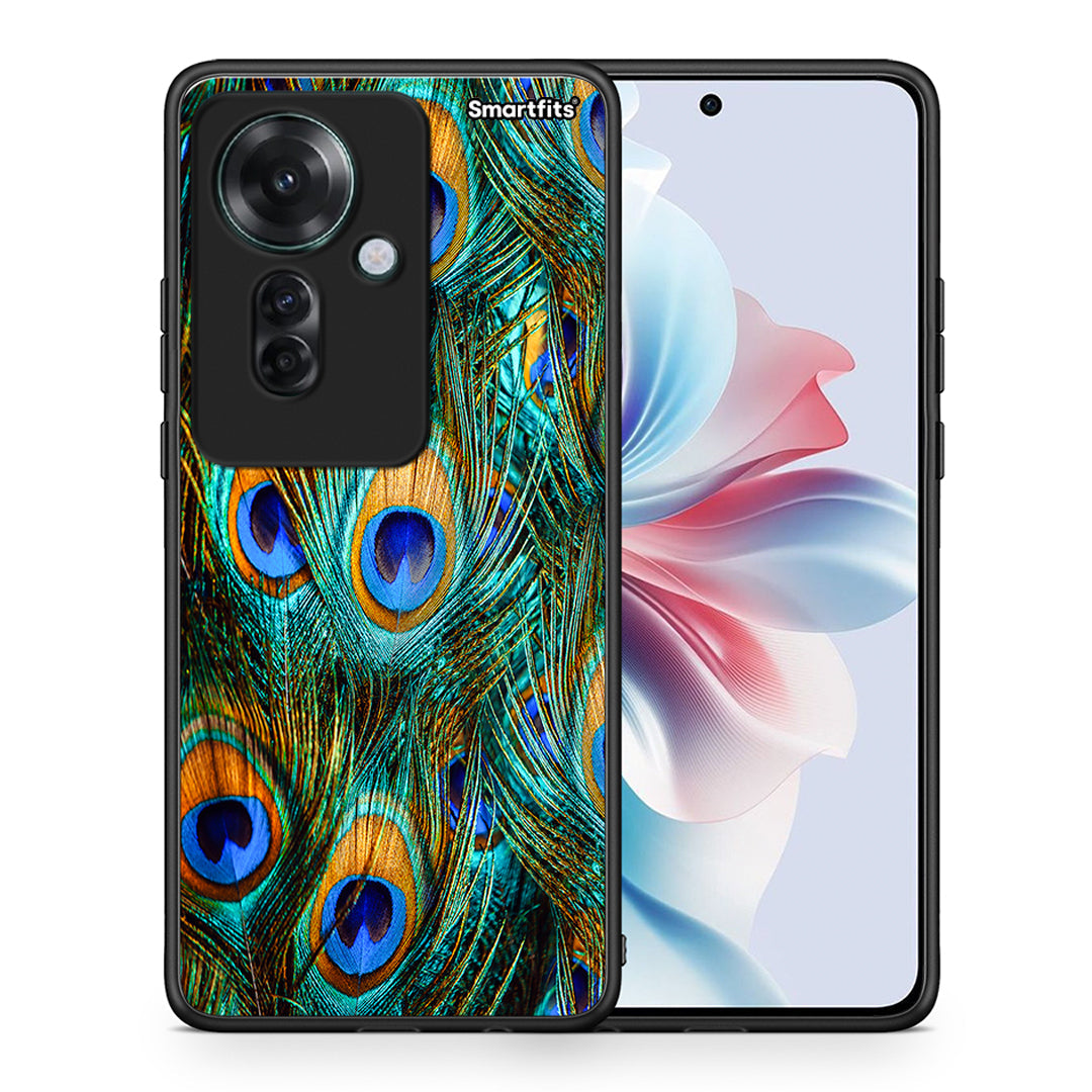 Θήκη Oppo Reno11 F 5G Real Peacock Feathers από τη Smartfits με σχέδιο στο πίσω μέρος και μαύρο περίβλημα | Oppo Reno11 F 5G Real Peacock Feathers case with colorful back and black bezels