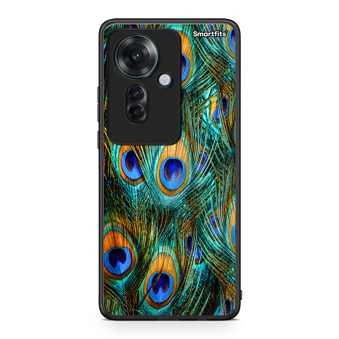 Oppo Reno11 F 5G Real Peacock Feathers θήκη από τη Smartfits με σχέδιο στο πίσω μέρος και μαύρο περίβλημα | Smartphone case with colorful back and black bezels by Smartfits