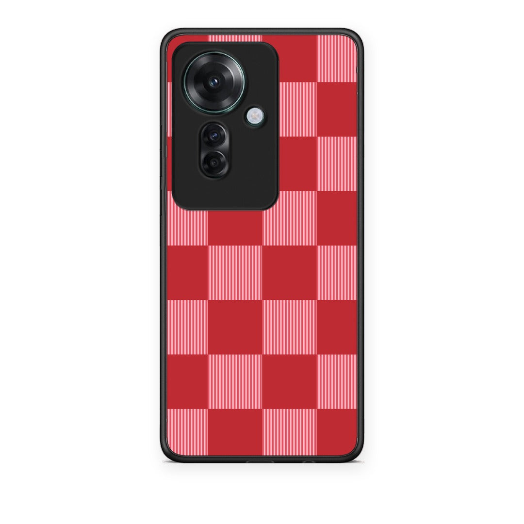 Θήκη Oppo Reno11 F 5G Red and Pink Striped Checks από τη Smartfits με σχέδιο στο πίσω μέρος και μαύρο περίβλημα | Oppo Reno11 F 5G Red and Pink Striped Checks case with colorful back and black bezels