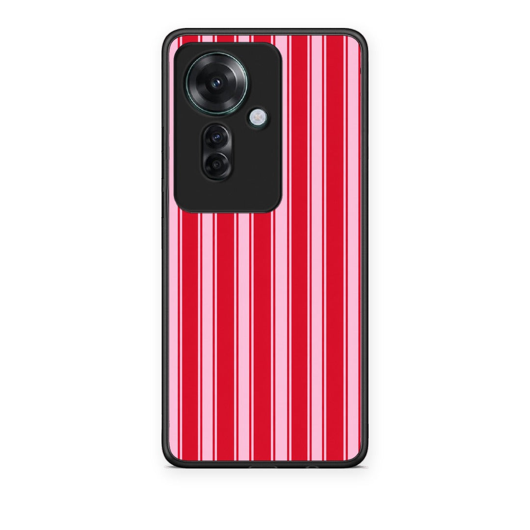 Θήκη Oppo Reno11 F 5G Red and Pink Vertical Pinstripes από τη Smartfits με σχέδιο στο πίσω μέρος και μαύρο περίβλημα | Oppo Reno11 F 5G Red and Pink Vertical Pinstripes case with colorful back and black bezels