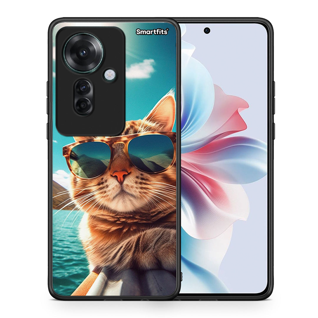 Θήκη Oppo Reno11 F 5G Summer Cat από τη Smartfits με σχέδιο στο πίσω μέρος και μαύρο περίβλημα | Oppo Reno11 F 5G Summer Cat case with colorful back and black bezels