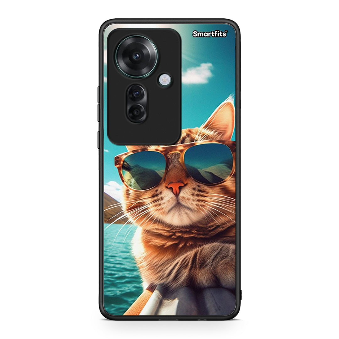 Oppo Reno11 F 5G Summer Cat θήκη από τη Smartfits με σχέδιο στο πίσω μέρος και μαύρο περίβλημα | Smartphone case with colorful back and black bezels by Smartfits