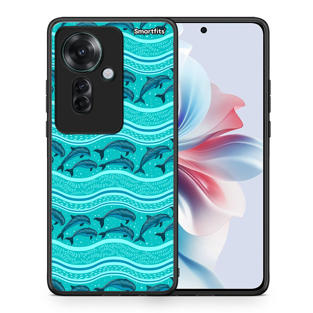Θήκη Oppo Reno11 F 5G Swimming Dolphins από τη Smartfits με σχέδιο στο πίσω μέρος και μαύρο περίβλημα | Oppo Reno11 F 5G Swimming Dolphins case with colorful back and black bezels