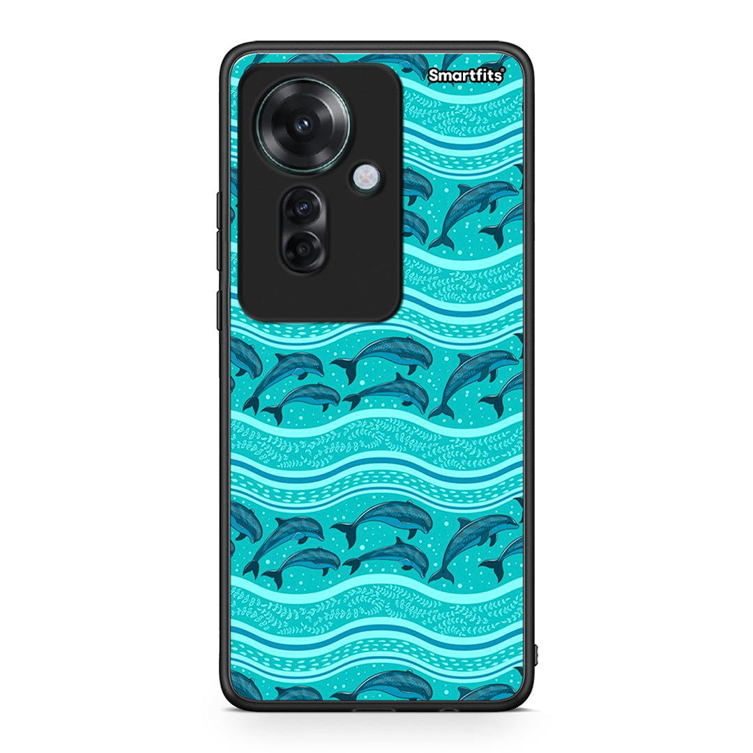Oppo Reno11 F 5G Swimming Dolphins θήκη από τη Smartfits με σχέδιο στο πίσω μέρος και μαύρο περίβλημα | Smartphone case with colorful back and black bezels by Smartfits