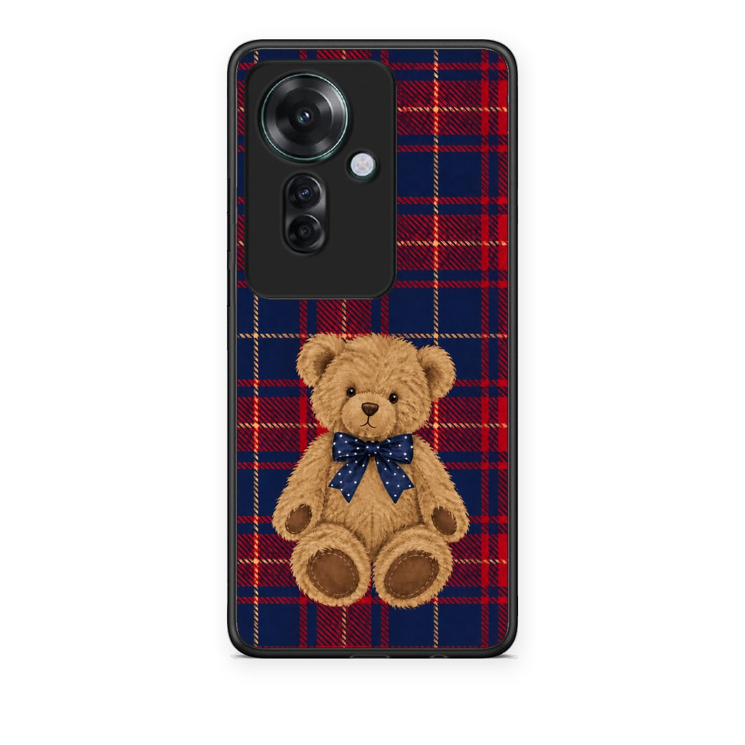 Θήκη Oppo Reno11 F 5G Teddy Bear on Red and Navy Tartan από τη Smartfits με σχέδιο στο πίσω μέρος και μαύρο περίβλημα | Oppo Reno11 F 5G Teddy Bear on Red and Navy Tartan case with colorful back and black bezels