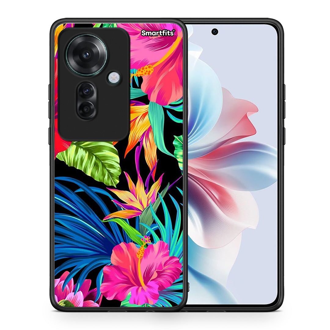 Θήκη Oppo Reno11 F 5G Tropical Flowers από τη Smartfits με σχέδιο στο πίσω μέρος και μαύρο περίβλημα | Oppo Reno11 F 5G Tropical Flowers case with colorful back and black bezels