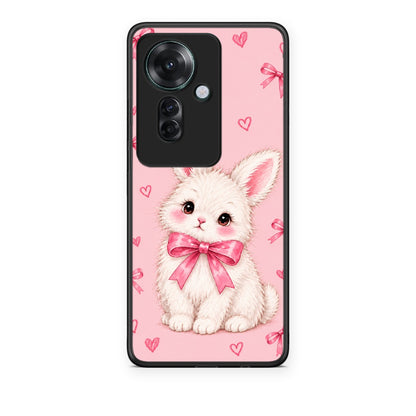 Θήκη Oppo Reno11 F 5G White Bunny and Pink Bows από τη Smartfits με σχέδιο στο πίσω μέρος και μαύρο περίβλημα | Oppo Reno11 F 5G White Bunny and Pink Bows case with colorful back and black bezels