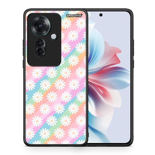 Θήκη Oppo Reno11 F 5G White Daisies από τη Smartfits με σχέδιο στο πίσω μέρος και μαύρο περίβλημα | Oppo Reno11 F 5G White Daisies case with colorful back and black bezels