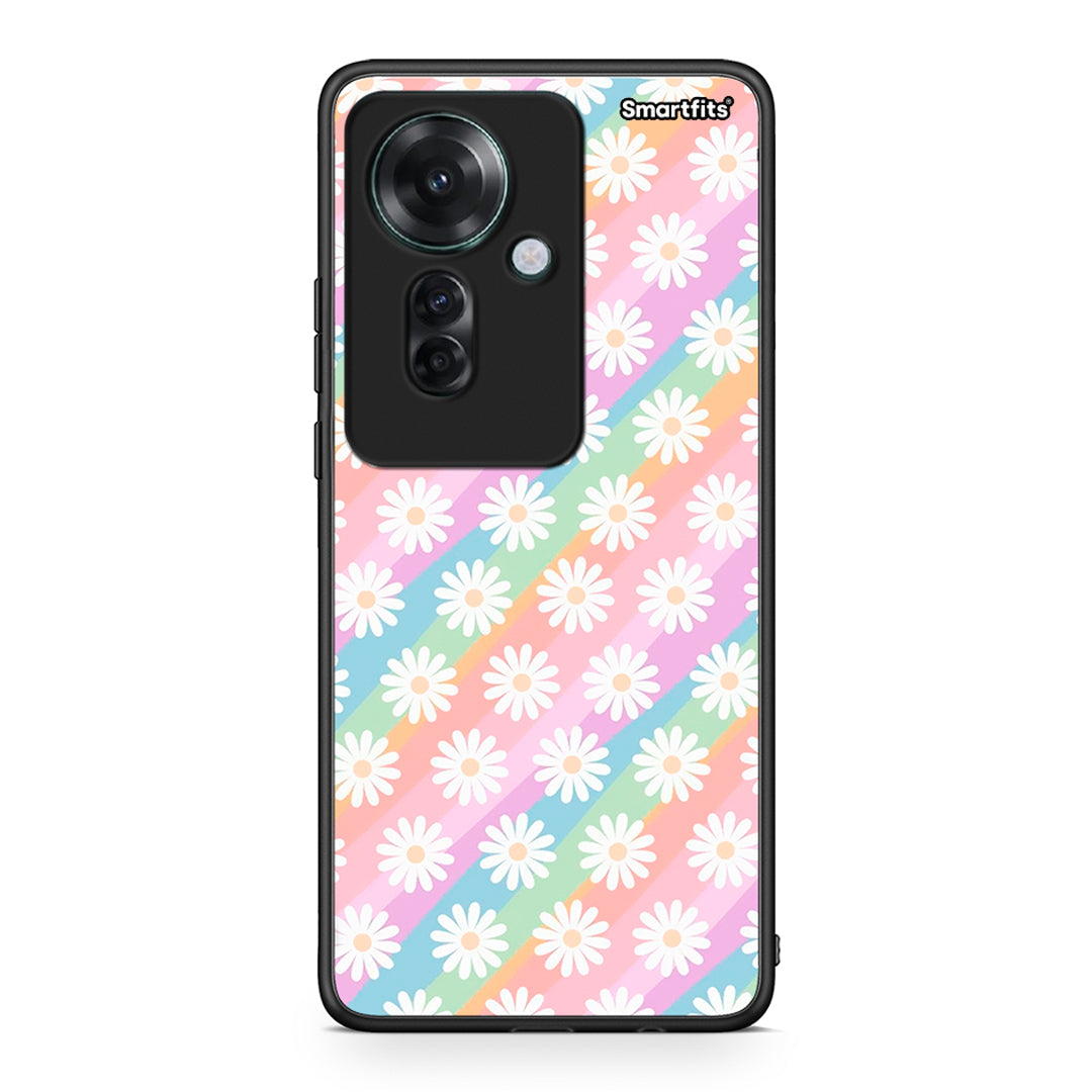 Oppo Reno11 F 5G White Daisies θήκη από τη Smartfits με σχέδιο στο πίσω μέρος και μαύρο περίβλημα | Smartphone case with colorful back and black bezels by Smartfits
