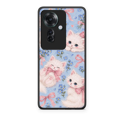 Θήκη Oppo Reno11 F 5G White Kittens and Blue Flowers Large από τη Smartfits με σχέδιο στο πίσω μέρος και μαύρο περίβλημα | Oppo Reno11 F 5G White Kittens and Blue Flowers Large case with colorful back and black bezels