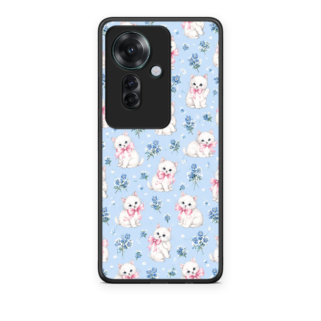 Θήκη Oppo Reno11 F 5G White Kittens and Blue Flowers Small από τη Smartfits με σχέδιο στο πίσω μέρος και μαύρο περίβλημα | Oppo Reno11 F 5G White Kittens and Blue Flowers Small case with colorful back and black bezels