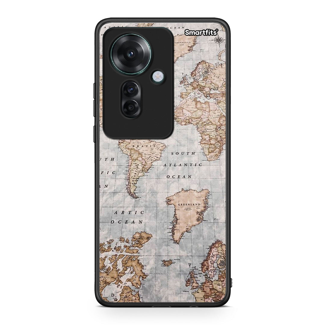 Oppo Reno11 F 5G World Map Θήκη από τη Smartfits με σχέδιο στο πίσω μέρος και μαύρο περίβλημα | Smartphone case with colorful back and black bezels by Smartfits