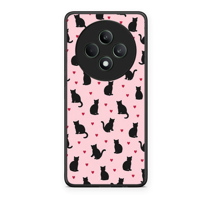 Θήκη Oppo Reno12 F 5G / FS 5G Black Cat Silhouettes and Hearts on Pink από τη Smartfits με σχέδιο στο πίσω μέρος και μαύρο περίβλημα | Oppo Reno12 F 5G / FS 5G Black Cat Silhouettes and Hearts on Pink case with colorful back and black bezels