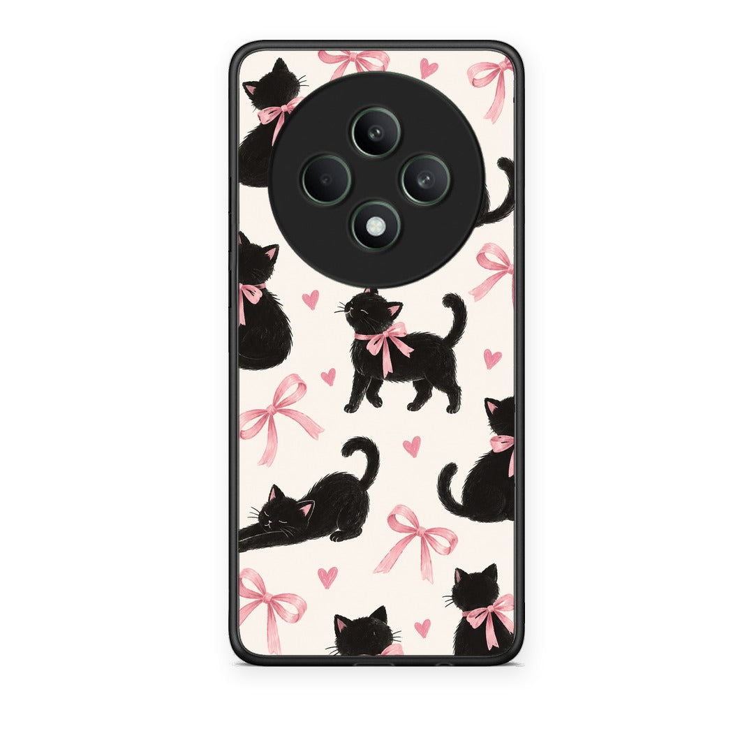Θήκη Oppo Reno12 F 5G / FS 5G Black Kittens and Pink Bows on Cream Large από τη Smartfits με σχέδιο στο πίσω μέρος και μαύρο περίβλημα | Oppo Reno12 F 5G / FS 5G Black Kittens and Pink Bows on Cream Large case with colorful back and black bezels