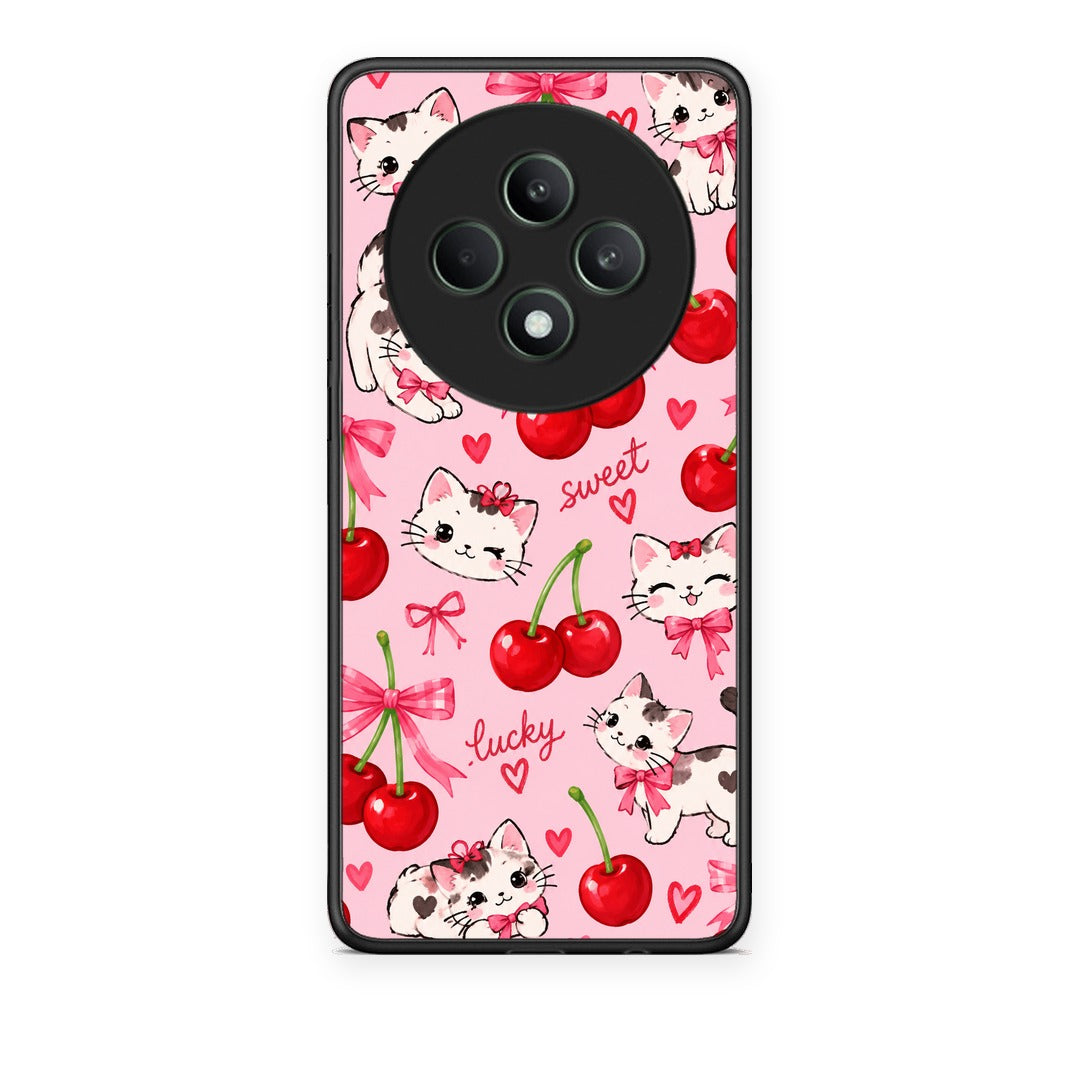 Θήκη Oppo Reno12 F 5G / FS 5G Cherries Bows and Kittens on Pink από τη Smartfits με σχέδιο στο πίσω μέρος και μαύρο περίβλημα | Oppo Reno12 F 5G / FS 5G Cherries Bows and Kittens on Pink case with colorful back and black bezels