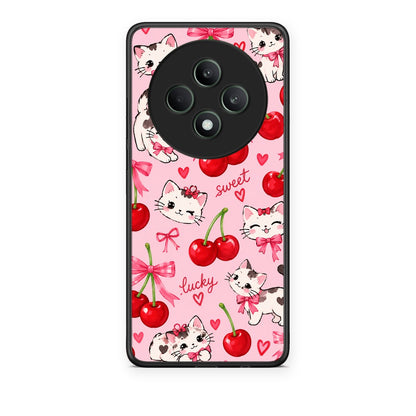 Θήκη Oppo Reno12 F 5G / FS 5G Cherries Bows and Kittens on Pink από τη Smartfits με σχέδιο στο πίσω μέρος και μαύρο περίβλημα | Oppo Reno12 F 5G / FS 5G Cherries Bows and Kittens on Pink case with colorful back and black bezels