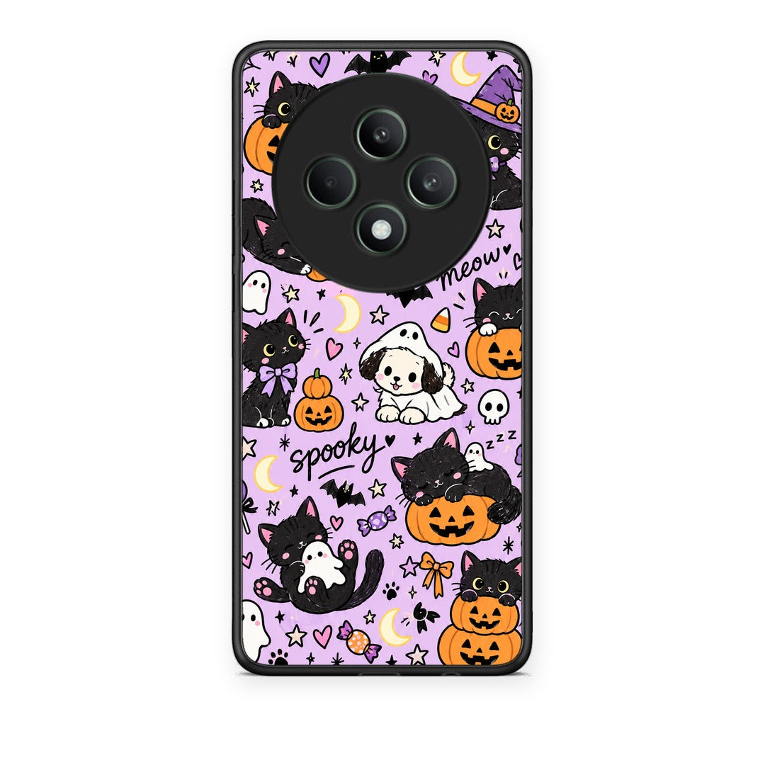 Θήκη Oppo Reno12 F 5G / FS 5G Halloween Black Cats on Lilac από τη Smartfits με σχέδιο στο πίσω μέρος και μαύρο περίβλημα | Oppo Reno12 F 5G / FS 5G Halloween Black Cats on Lilac case with colorful back and black bezels