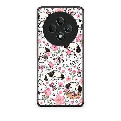 Θήκη Oppo Reno12 F 5G / FS 5G Pink Florals Puppies and Bunnies on White από τη Smartfits με σχέδιο στο πίσω μέρος και μαύρο περίβλημα | Oppo Reno12 F 5G / FS 5G Pink Florals Puppies and Bunnies on White case with colorful back and black bezels