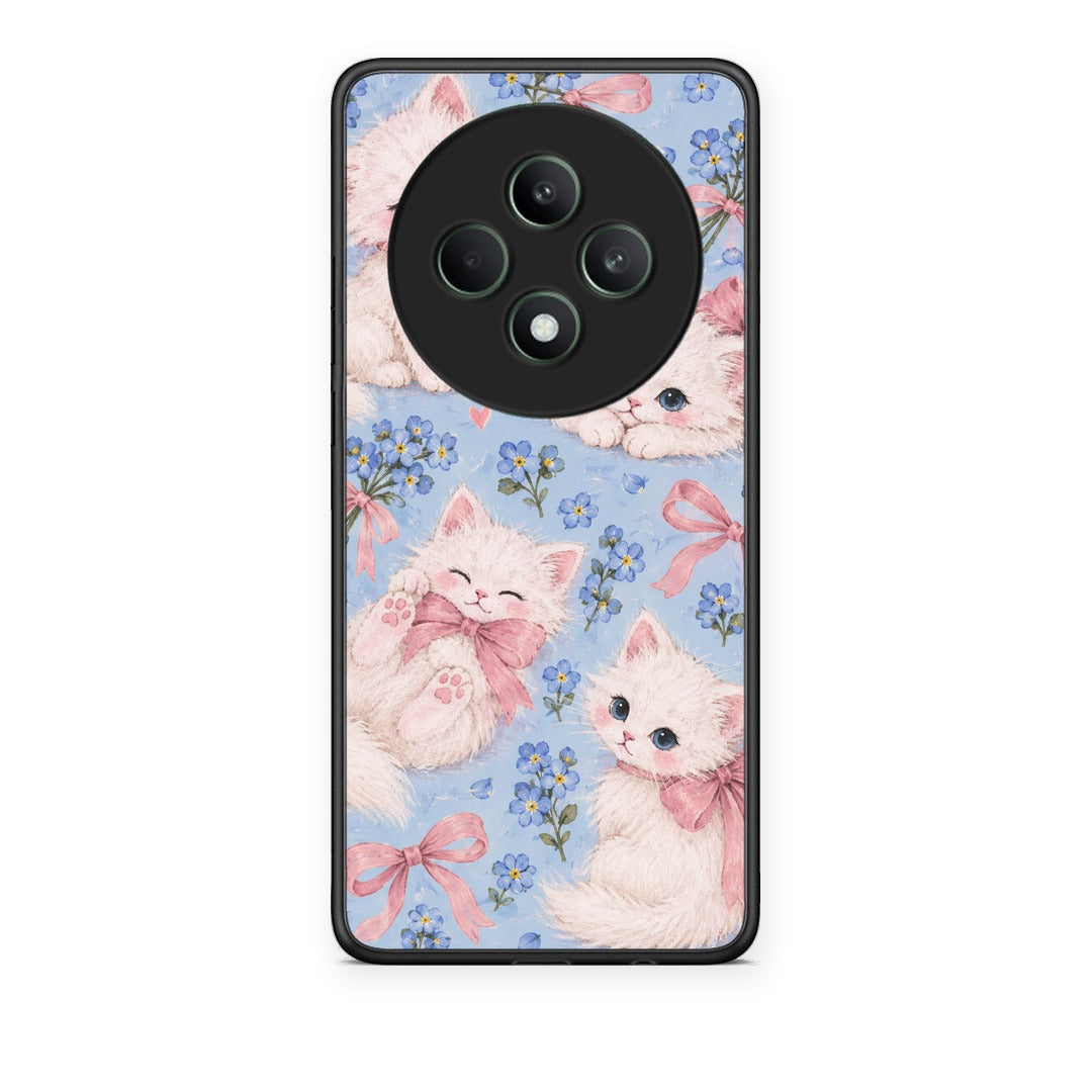 Θήκη Oppo Reno12 F 5G / FS 5G White Kittens and Blue Flowers Large από τη Smartfits με σχέδιο στο πίσω μέρος και μαύρο περίβλημα | Oppo Reno12 F 5G / FS 5G White Kittens and Blue Flowers Large case with colorful back and black bezels