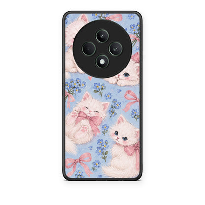 Θήκη Oppo Reno12 F 5G / FS 5G White Kittens and Blue Flowers Large από τη Smartfits με σχέδιο στο πίσω μέρος και μαύρο περίβλημα | Oppo Reno12 F 5G / FS 5G White Kittens and Blue Flowers Large case with colorful back and black bezels