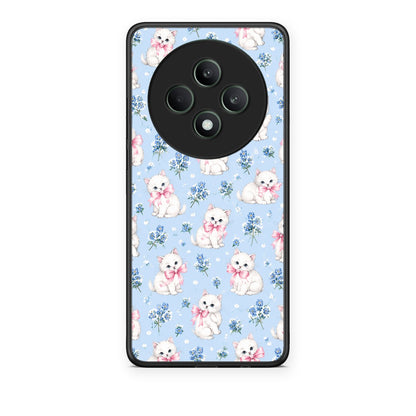 Θήκη Oppo Reno12 F 5G / FS 5G White Kittens and Blue Flowers Small από τη Smartfits με σχέδιο στο πίσω μέρος και μαύρο περίβλημα | Oppo Reno12 F 5G / FS 5G White Kittens and Blue Flowers Small case with colorful back and black bezels