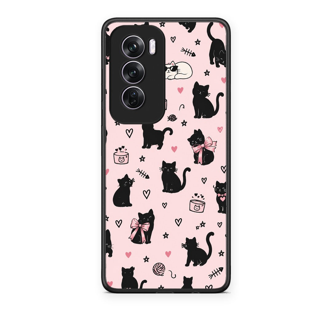 Θήκη Oppo Reno12 Pro Black Cat Doodles on Pink από τη Smartfits με σχέδιο στο πίσω μέρος και μαύρο περίβλημα | Oppo Reno12 Pro Black Cat Doodles on Pink case with colorful back and black bezels