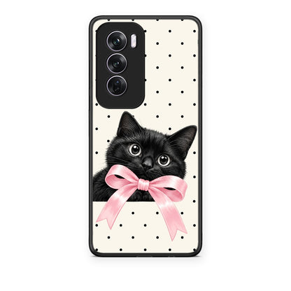 Θήκη Oppo Reno12 Pro Black Kitten Pink Bow and Polka Dots από τη Smartfits με σχέδιο στο πίσω μέρος και μαύρο περίβλημα | Oppo Reno12 Pro Black Kitten Pink Bow and Polka Dots case with colorful back and black bezels