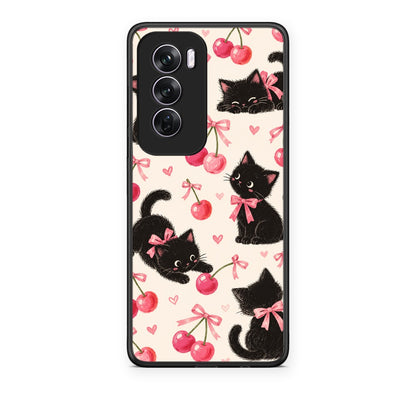 Θήκη Oppo Reno12 Pro Black Kittens and Cherries on Cream από τη Smartfits με σχέδιο στο πίσω μέρος και μαύρο περίβλημα | Oppo Reno12 Pro Black Kittens and Cherries on Cream case with colorful back and black bezels