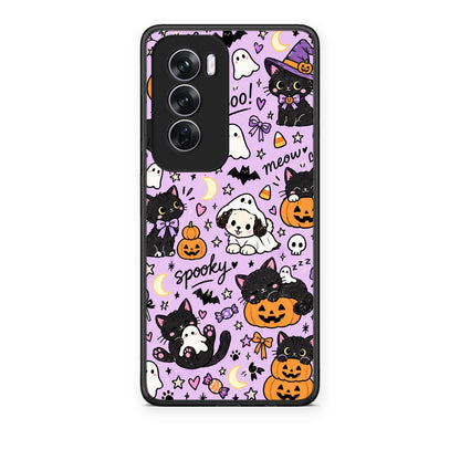 Θήκη Oppo Reno12 Pro Halloween Black Cats on Lilac από τη Smartfits με σχέδιο στο πίσω μέρος και μαύρο περίβλημα | Oppo Reno12 Pro Halloween Black Cats on Lilac case with colorful back and black bezels