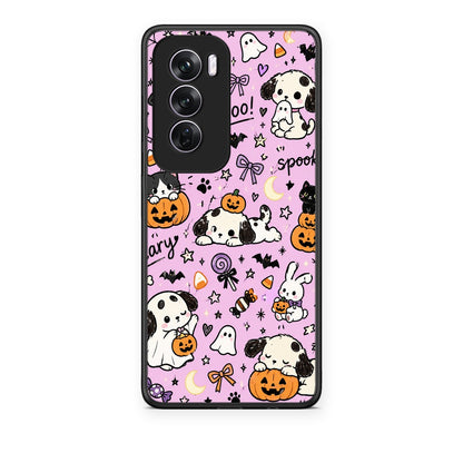 Θήκη Oppo Reno12 Pro Halloween Puppies and Friends on Lilac από τη Smartfits με σχέδιο στο πίσω μέρος και μαύρο περίβλημα | Oppo Reno12 Pro Halloween Puppies and Friends on Lilac case with colorful back and black bezels
