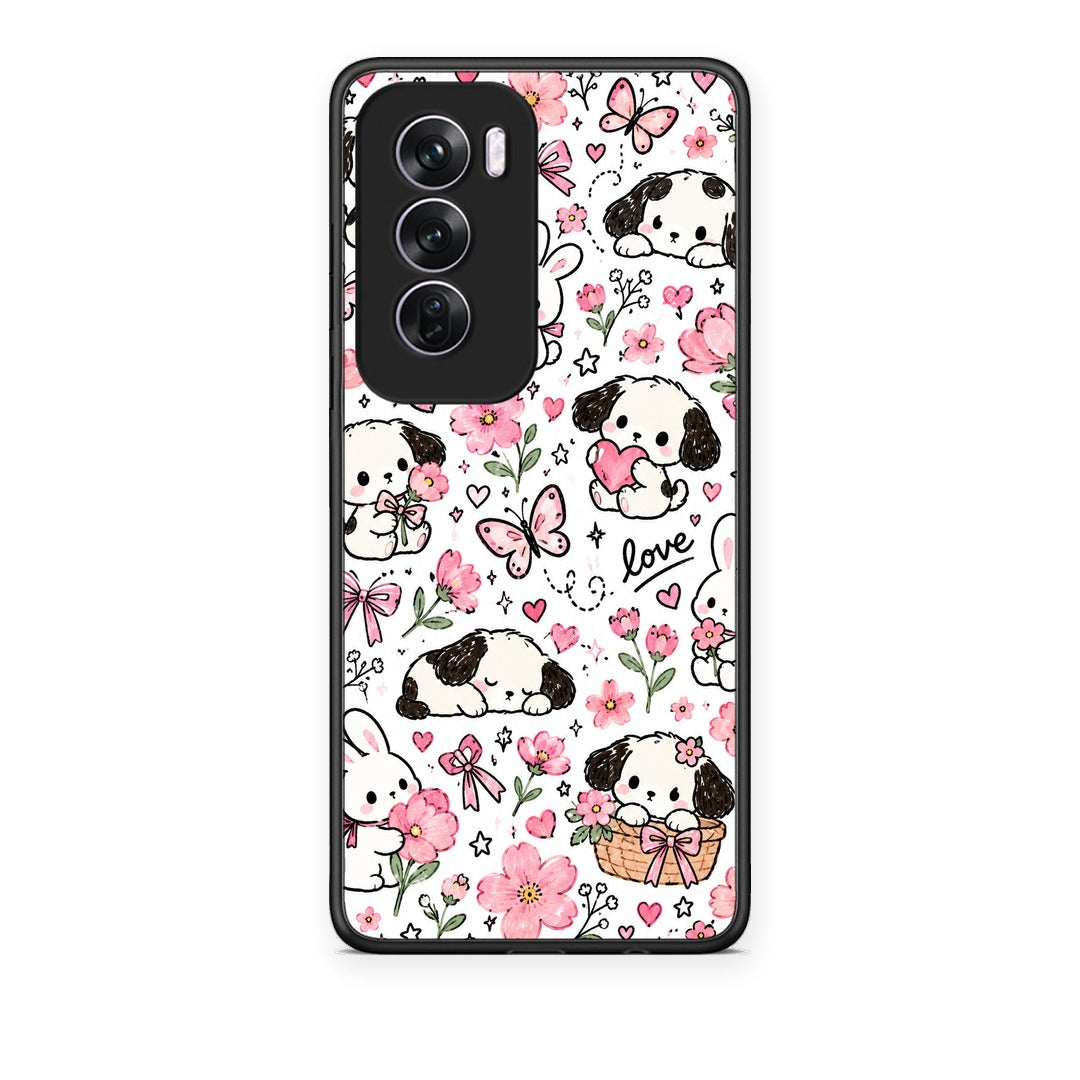Θήκη Oppo Reno12 Pro Pink Florals Puppies and Bunnies on White από τη Smartfits με σχέδιο στο πίσω μέρος και μαύρο περίβλημα | Oppo Reno12 Pro Pink Florals Puppies and Bunnies on White case with colorful back and black bezels