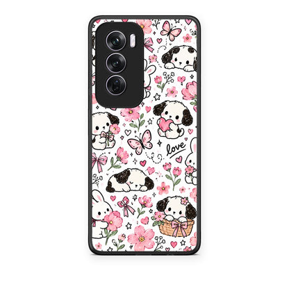 Θήκη Oppo Reno12 Pro Pink Florals Puppies and Bunnies on White από τη Smartfits με σχέδιο στο πίσω μέρος και μαύρο περίβλημα | Oppo Reno12 Pro Pink Florals Puppies and Bunnies on White case with colorful back and black bezels