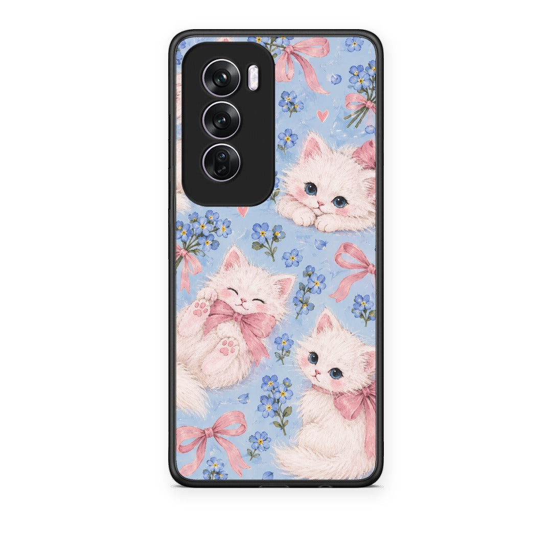 Θήκη Oppo Reno12 Pro White Kittens and Blue Flowers Large από τη Smartfits με σχέδιο στο πίσω μέρος και μαύρο περίβλημα | Oppo Reno12 Pro White Kittens and Blue Flowers Large case with colorful back and black bezels