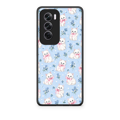 Θήκη Oppo Reno12 Pro White Kittens and Blue Flowers Small από τη Smartfits με σχέδιο στο πίσω μέρος και μαύρο περίβλημα | Oppo Reno12 Pro White Kittens and Blue Flowers Small case with colorful back and black bezels