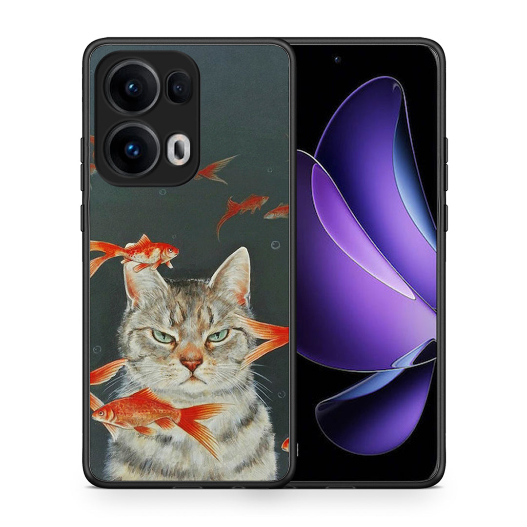 Θήκη Oppo Reno13 Pro Cat Goldfish από τη Smartfits με σχέδιο στο πίσω μέρος και μαύρο περίβλημα | Oppo Reno13 Pro Cat Goldfish case with colorful back and black bezels