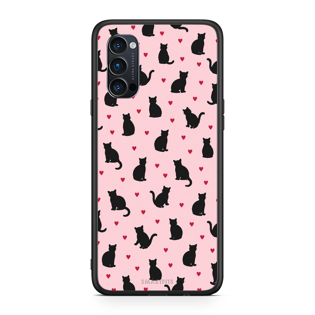 Θήκη Oppo Reno4 Pro 5G Black Cat Silhouettes and Hearts on Pink από τη Smartfits με σχέδιο στο πίσω μέρος και μαύρο περίβλημα | Oppo Reno4 Pro 5G Black Cat Silhouettes and Hearts on Pink case with colorful back and black bezels