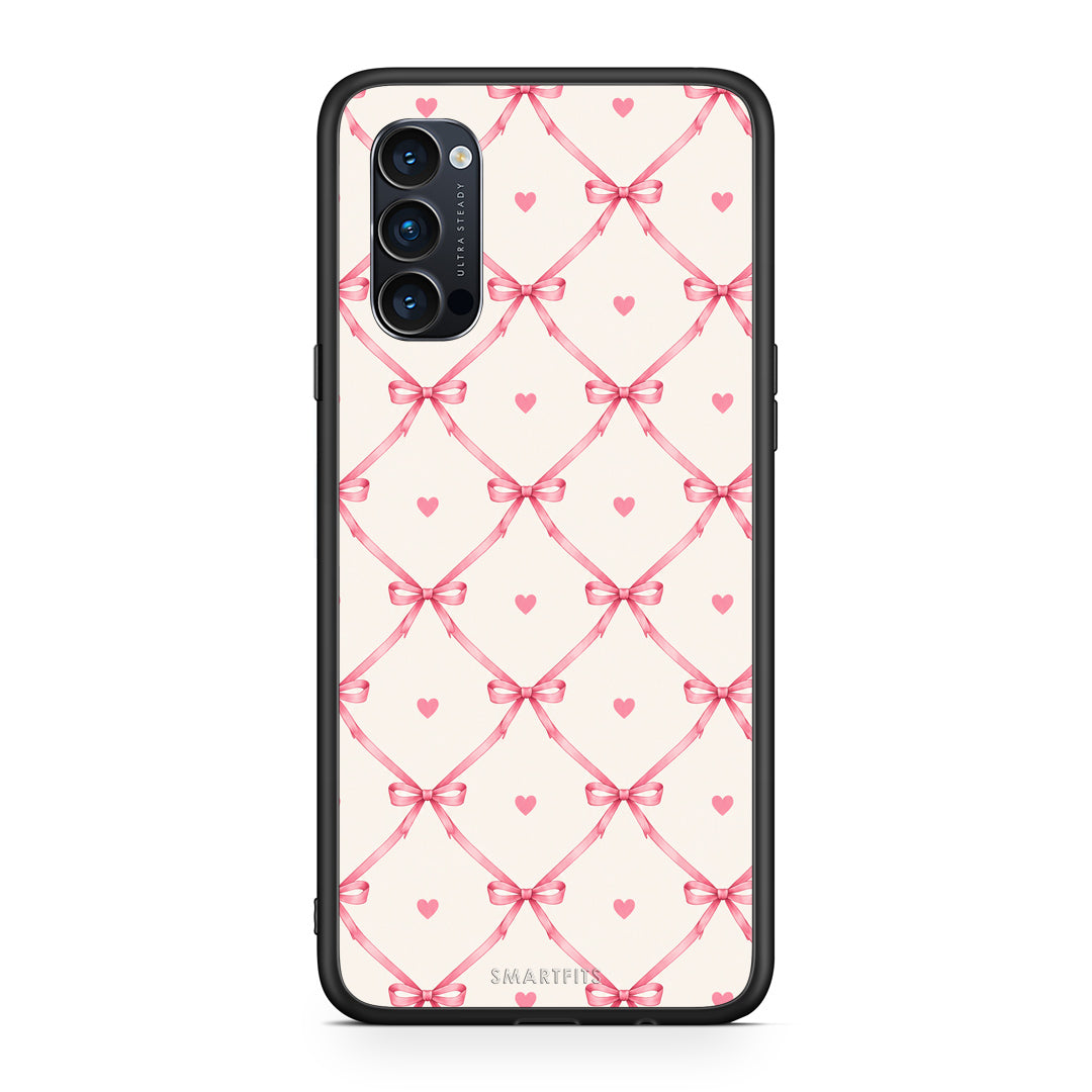 Θήκη Oppo Reno4 Pro 5G Pink Bow Lattice and Hearts on Cream από τη Smartfits με σχέδιο στο πίσω μέρος και μαύρο περίβλημα | Oppo Reno4 Pro 5G Pink Bow Lattice and Hearts on Cream case with colorful back and black bezels