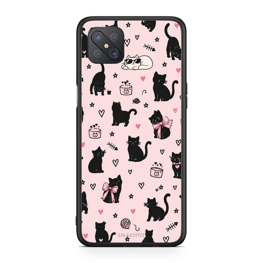 Θήκη Oppo Reno4 Z 5G / A92s Black Cat Doodles on Pink από τη Smartfits με σχέδιο στο πίσω μέρος και μαύρο περίβλημα | Oppo Reno4 Z 5G / A92s Black Cat Doodles on Pink case with colorful back and black bezels