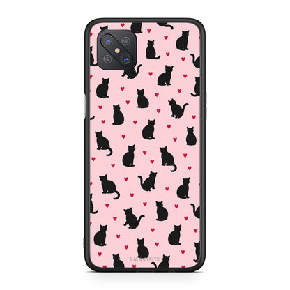 Θήκη Oppo Reno4 Z 5G / A92s Black Cat Silhouettes and Hearts on Pink από τη Smartfits με σχέδιο στο πίσω μέρος και μαύρο περίβλημα | Oppo Reno4 Z 5G / A92s Black Cat Silhouettes and Hearts on Pink case with colorful back and black bezels