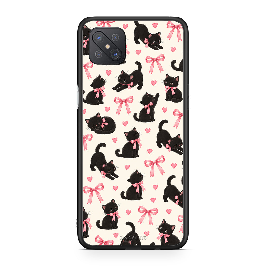 Θήκη Oppo Reno4 Z 5G / A92s Black Kittens and Pink Bows on Cream Small από τη Smartfits με σχέδιο στο πίσω μέρος και μαύρο περίβλημα | Oppo Reno4 Z 5G / A92s Black Kittens and Pink Bows on Cream Small case with colorful back and black bezels