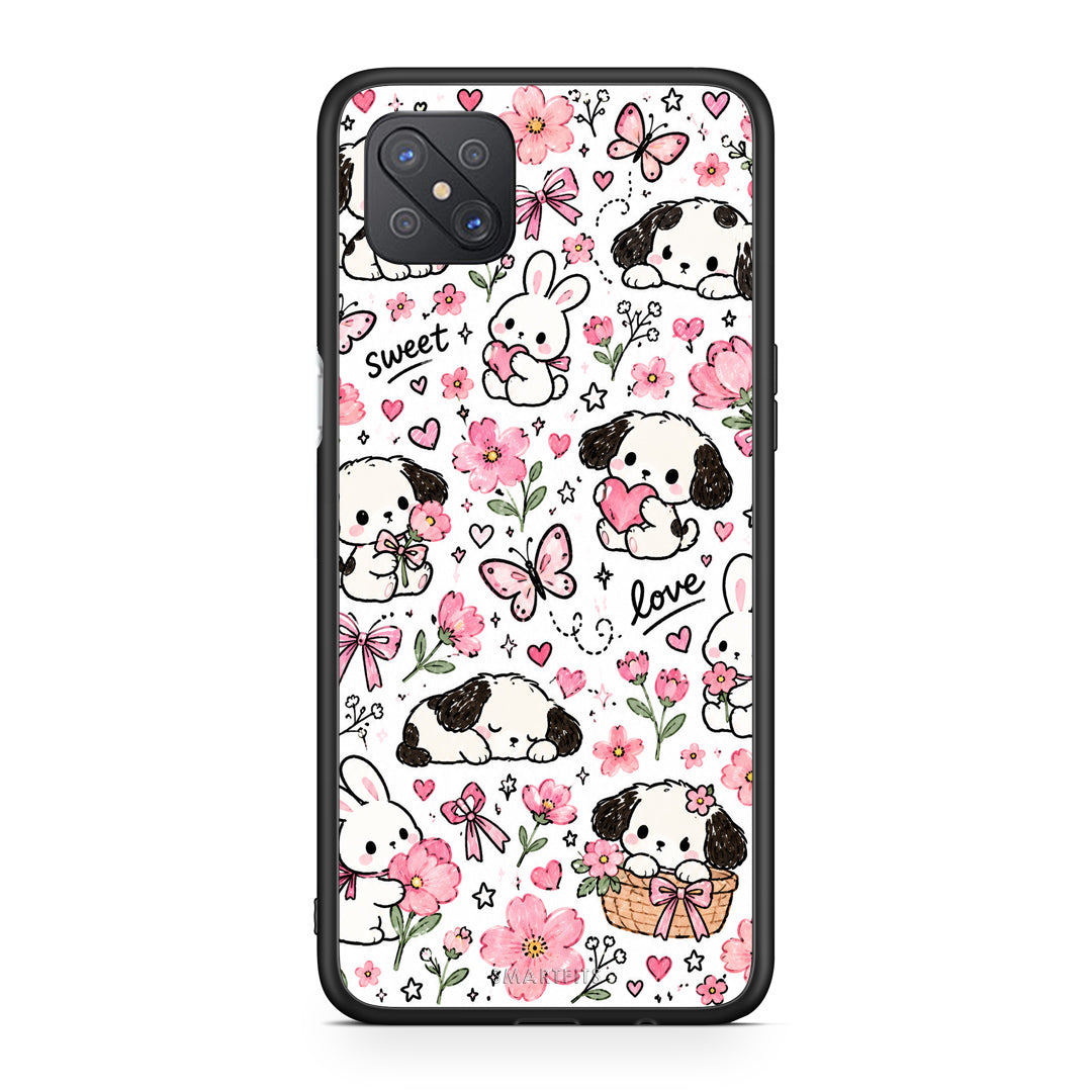Θήκη Oppo Reno4 Z 5G / A92s Pink Florals Puppies and Bunnies on White από τη Smartfits με σχέδιο στο πίσω μέρος και μαύρο περίβλημα | Oppo Reno4 Z 5G / A92s Pink Florals Puppies and Bunnies on White case with colorful back and black bezels