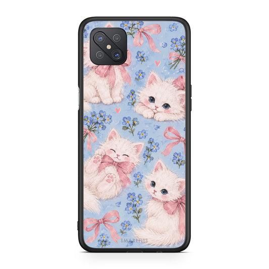 Θήκη Oppo Reno4 Z 5G / A92s White Kittens and Blue Flowers Large από τη Smartfits με σχέδιο στο πίσω μέρος και μαύρο περίβλημα | Oppo Reno4 Z 5G / A92s White Kittens and Blue Flowers Large case with colorful back and black bezels
