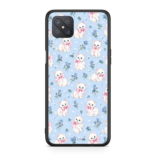 Θήκη Oppo Reno4 Z 5G / A92s White Kittens and Blue Flowers Small από τη Smartfits με σχέδιο στο πίσω μέρος και μαύρο περίβλημα | Oppo Reno4 Z 5G / A92s White Kittens and Blue Flowers Small case with colorful back and black bezels