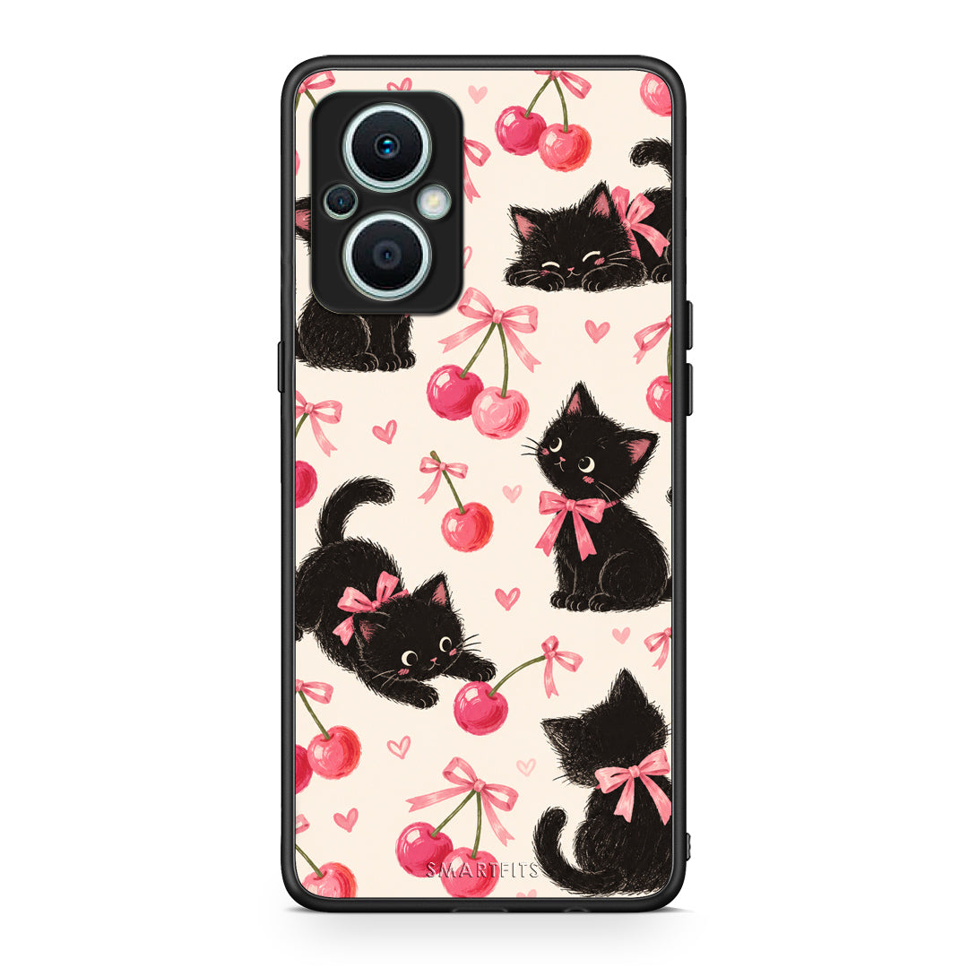 Θήκη Oppo Reno7 Lite Black Kittens and Cherries on Cream από τη Smartfits με σχέδιο στο πίσω μέρος και μαύρο περίβλημα | Oppo Reno7 Lite Black Kittens and Cherries on Cream case with colorful back and black bezels