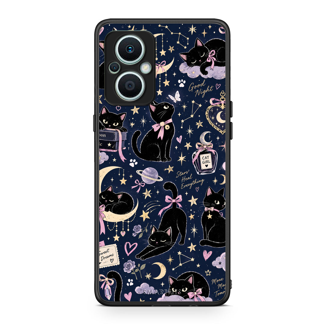 Θήκη Oppo Reno7 Lite Celestial Black Cats on Navy από τη Smartfits με σχέδιο στο πίσω μέρος και μαύρο περίβλημα | Oppo Reno7 Lite Celestial Black Cats on Navy case with colorful back and black bezels