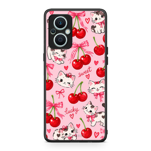 Θήκη Oppo Reno7 Lite Cherries Bows and Kittens on Pink από τη Smartfits με σχέδιο στο πίσω μέρος και μαύρο περίβλημα | Oppo Reno7 Lite Cherries Bows and Kittens on Pink case with colorful back and black bezels