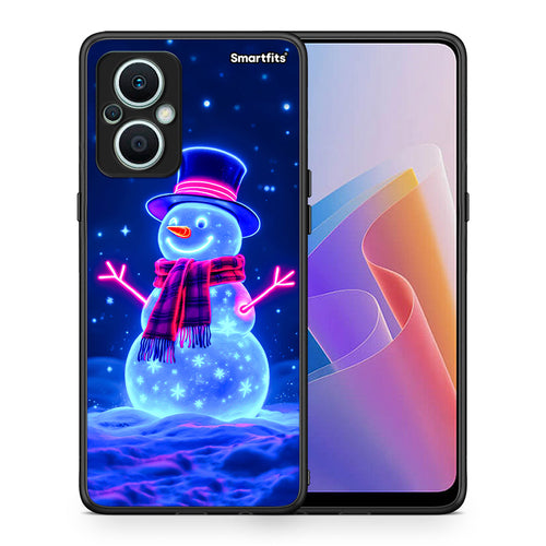 Θήκη Oppo Reno7 Lite Christmas Neon Snowman από τη Smartfits με σχέδιο στο πίσω μέρος και μαύρο περίβλημα | Oppo Reno7 Lite Christmas Neon Snowman Case with Colorful Back and Black Bezels