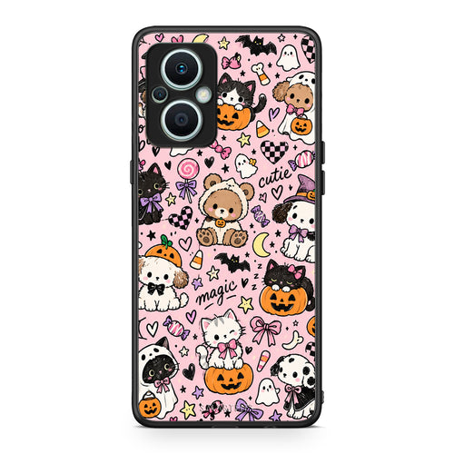 Θήκη Oppo Reno7 Lite Halloween Cute Animals on Pink από τη Smartfits με σχέδιο στο πίσω μέρος και μαύρο περίβλημα | Oppo Reno7 Lite Halloween Cute Animals on Pink case with colorful back and black bezels