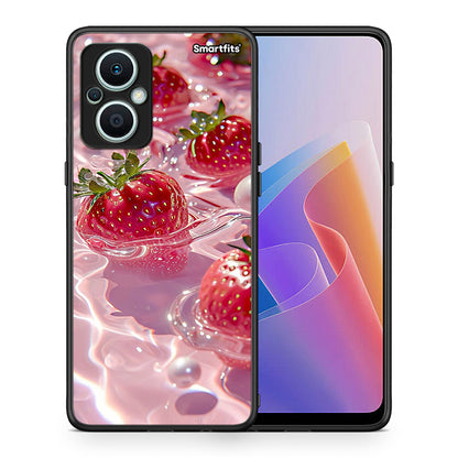 Θήκη Oppo Reno7 Lite Juicy Strawberries από τη Smartfits με σχέδιο στο πίσω μέρος και μαύρο περίβλημα | Oppo Reno7 Lite Juicy Strawberries Case with Colorful Back and Black Bezels