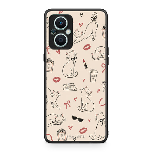 Θήκη Oppo Reno7 Lite Minimal Cat and Fashion Doodles on Cream από τη Smartfits με σχέδιο στο πίσω μέρος και μαύρο περίβλημα | Oppo Reno7 Lite Minimal Cat and Fashion Doodles on Cream case with colorful back and black bezels